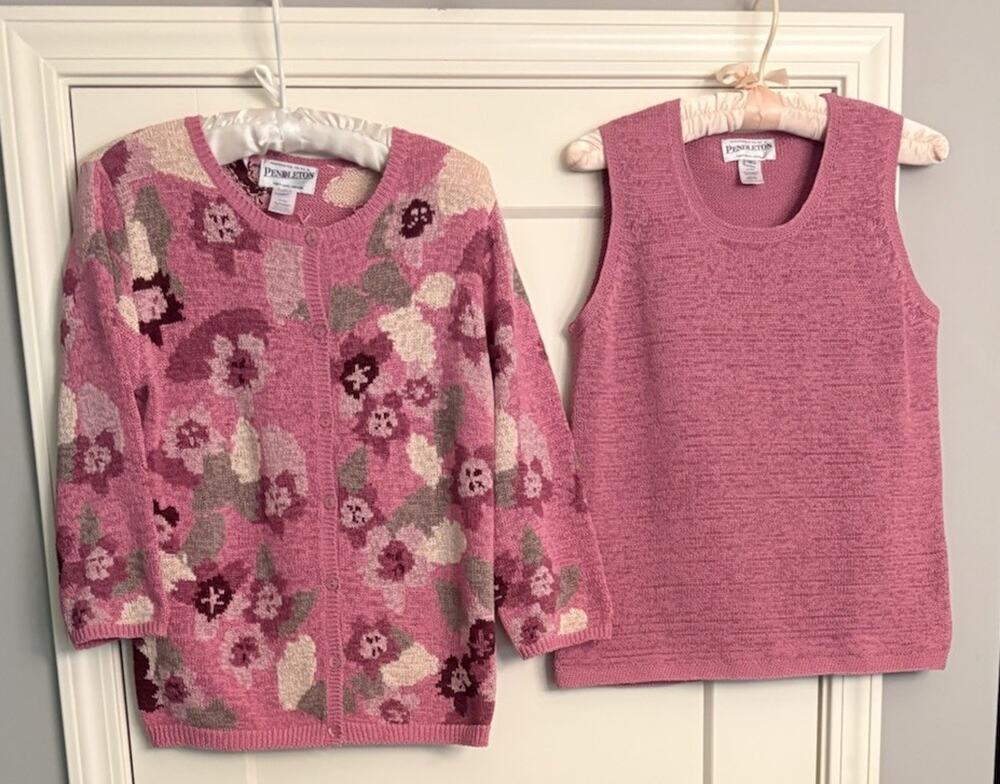 Vintage Pendleton Sz M Twin Set Cardigan 3/4 Sleeve/Tank Pink Floral
